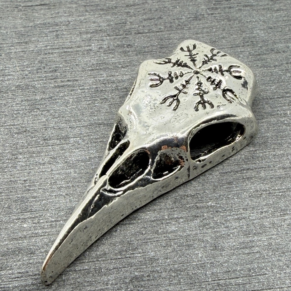 Silver Tone Raven Skull Pendant Norse Aegishjalmur Viking Gothic Bird Charm